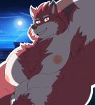  abs armpit_hair body_hair canid canine canis chest_hair diederich_olsen_(knights_college) flexing fur hi_res kingfurball knights_college male mammal multicolored_body multicolored_fur nipples pecs red_body red_fur smile white_body white_fur wolf 