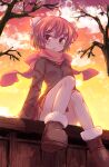  1girl ahoge bare_tree black_shirt boots bow brown_footwear commentary_request fence full_body hair_bow highres isu_(is88) looking_at_viewer open_mouth outdoors pleated_skirt red_eyes red_hair red_scarf red_skirt scarf sekibanki shirt sitting skirt solo touhou tree twilight 