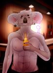  anthro bar beer_bottle big_ears black_nose clothed clothing cross cross_necklace ear_piercing fur grey_body grey_fur hi_res inside jewelry koala looking_at_viewer male mammal marsupial muscular muscular_anthro muscular_male necklace piercing ruhh-roh smile solo topless vombatiform 