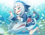  1girl animal animal_hood barefoot bloop_(gawr_gura) blue_eyes blue_hair blue_jacket blue_nails commentary_request fingernails fish fish_tail full_body gawr_gura highres hololive hololive_english hood hooded_jacket jacket kneeling multicolored_hair nail_polish open_mouth shark shark_hood shark_tail sharp_teeth short_hair sparkling_eyes symbol_commentary tail teeth two-tone_hair uchako underwater virtual_youtuber white_hair 