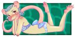  anthro blue_hair blush butt clothing female freckles hair kat_(katrat) katrat looking_at_viewer lying mammal murid murine on_front rat ribbons rodent solo swimwear 