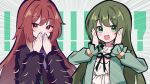  ! !! !? 2girls :o absurdres aketa_mikoto blush_stickers covering_mouth emphasis_lines eyebrows_visible_through_hair frilled_shirt frilled_sleeves frills fur-trimmed_jacket fur_trim green_hair hand_to_own_mouth hands_on_own_cheeks hands_on_own_face hands_together highres idol idolmaster idolmaster_shiny_colors jacket long_hair long_sleeves looking_at_viewer multiple_girls nanakusa_nichika neck_ribbon red_hair ribbon shhis_(idolmaster) shirt sidelocks simple_background smile uhouhogorigori very_long_hair 