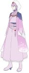  1girl androgynous arms_at_sides asrbpy boots earrings espeon full_body gen_2_pokemon hair_between_eyes hair_ornament highres japanese_clothes jewelry kimono long_sleeves personification pink_eyes pink_hair pokemon short_hair simple_background solo white_headwear wide_sleeves 