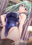  1girl :p aqua_eyes bangs bare_shoulders blue_swimsuit blurry blush breasts cameltoe closed_mouth competition_swimsuit covered_navel covered_nipples cowboy_shot crossed_bangs curtains depth_of_field green_hair hair_between_eyes hair_ornament hairclip highleg highleg_swimsuit indoors kantai_collection large_breasts long_hair looking_at_viewer one-piece_swimsuit shohei_(piranha5hk) sleeveless solo sparkle standing suzuya_(kancolle) swimsuit thighhighs tongue tongue_out 