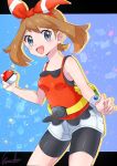  1girl :d bangs bare_arms bare_shoulders bike_shorts blue_eyes blush bow_hairband bracelet brown_hair etsuko_pkmn fanny_pack hairband highres jewelry looking_at_viewer may_(pokemon) open_mouth poke_ball pokemon pokemon_(game) pokemon_oras shirt shorts signature sleeveless sleeveless_shirt smile star_(symbol) white_shorts 