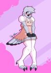  abstract_background absurd_res anthro avian bird blush clothing dress embarrassed frilly frilly_clothing genitals girly hi_res legwear male owl penis rotten_owl small_penis solo stockings talons 