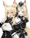  2girls animal_ear_fluff animal_ears arknights armor aunt_and_niece bangs black_headwear blonde_hair blue_eyes blush breast_grab breastplate gnai grabbing grabbing_from_behind groping hair_between_eyes hat headset highres horse_ears horse_girl horse_tail long_hair multiple_girls nearl_(arknights) open_mouth short_eyebrows simple_background smile surprised tail whislash_(arknights) white_armor white_background yellow_eyes yuri 