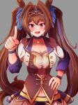  1girl :d absurdres animal_ears blush breasts brown_hair cleavage commentary_request daiwa_scarlet_(umamusume) ennuru fang hand_on_hip highres horse_ears horse_girl horse_tail jacket large_breasts long_hair midriff navel open_mouth pointing pointing_at_viewer purple_eyes skirt smile solo tail tiara twintails umamusume very_long_hair white_jacket white_skirt 
