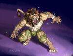  after_transformation anthro bottomwear brown_hair bulge claws clothing digitigrade fangs felid fur hair lion male mammal mane monstrovod muscular muscular_anthro muscular_male open_mouth pantherine pants sharp_teeth snarling solo tail-tuft tan_body tan_fur teeth torn_clothing transformation 