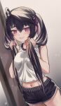 1girl absurdres ahoge bangs bare_arms bare_shoulders black_hair black_shorts blurry blurry_background blush breasts commentary_request cowboy_shot dutch_angle grin hair_between_eyes hair_ribbon highres holding holding_hair long_hair looking_at_viewer medium_breasts midriff navel original purple_eyes purple_ribbon revision ribbon shiny shiny_hair shirt short_shorts shorts sleeveless sleeveless_shirt smile solo stomach thighs torriet twintails white_shirt 