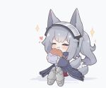  1girl animal_ears arknights armor bangs blue_jacket blush closed_eyes closed_mouth eating english_commentary eyebrows food full_body grani_(arknights) grey_hair hair_between_eyes hamburger happy heart holding holding_food horse_ears jacket kurotofu long_hair ponytail shadow simple_background sitting smile solo star_(symbol) tail tail_wagging twitter_username white_background 