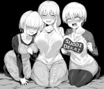  3girls :d absurdres anger_vein angry bangs black_background black_legwear black_shirt blush bob_cut breasts buttons clenched_hand closed_eyes clothes_writing collarbone commentary constricted_pupils dress ear_blush embarrassed eyebrows_visible_through_hair fang furrowed_eyebrows greyscale hair_between_eyes hair_over_eyes hand_on_own_chest hands_on_own_face highres kneeling large_breasts leaning_forward long_bangs long_hair long_skirt long_sleeves looking_at_viewer miniskirt monochrome mother_and_daughter moto_toshi multiple_girls nervous nervous_smile no_shoes nose_blush open_mouth pantyhose pinafore_dress raglan_sleeves raised_eyebrows ribbed_dress romaji_text sanpaku seiza shirt short_hair short_hair_with_long_locks shouting siblings side-by-side simple_background sisters sitting skirt smile sweatdrop uzaki-chan_wa_asobitai! uzaki_hana uzaki_tsuki uzaki_yanagi white_shirt 