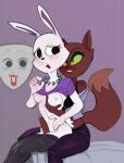  2021 anthro bare_breasts bite biting_lip biting_own_lip breast_grab breasts bunny_(courage_the_cowardly_dog) cartoon_network clothed clothing courage_the_cowardly_dog dbaru dipstick_tail domestic_cat duo felid feline felis female female/female fingering fingering_partner gasp green_sclera grope hand_on_breast hi_res jewelry kitty_(courage_the_cowardly_dog) lagomorph leporid mammal mask multicolored_tail necklace nipples on_lap partially_clothed rabbit self_bite sitting sitting_on_bed sitting_on_lap vaginal vaginal_fingering 