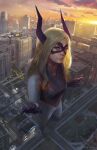  1girl artist_name blonde_hair boku_no_hero_academia building city closed_mouth cloud cloudy_sky giant giantess grass highres jumpsuit looking_at_viewer mask mount_lady mshen pavement red_eyes road sky skyline solo standing sun sunset superhero tagme 