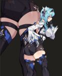  1girl ass black_background blue_hair blush bodystocking breasts close-up eula_(genshin_impact) genshin_impact gloves hair_ornament half-closed_eyes large_breasts long_sleeves open_mouth ryofu_(pixiv12347507) simple_background skindentation solo thick_thighs thighhighs thighs 