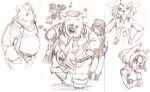  anthro belly biped bottomwear canid canine canis clothing domestic_dog duo female hat headgear headwear kemono male mammal overweight pants shirt sketch topwear utsuki_maito 