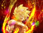  1boy abs artist_name aura blonde_hair commentary dragon_ball dragon_ball_z electricity furrowed_eyebrows green_eyes male_focus muscular muscular_male nipples no_pupils open_mouth pectorals red_background sanpaku scratches shirtless solo_focus son_goku sparkle spiked_hair super_saiyan symbol_commentary tarutobi twitter_username upper_body 