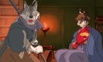  2016 5:3 angry anthro asian_clothing candle canid canine canis clothed clothing crossover duo east_asian_clothing fire gaku_kodori ghibli hi_res japanese_clothing kimono male mammal melee_weapon morenatsu princess_mononoke samurai scar shirako sword ten_kodori vassel video_games visual_novel warrior weapon wolf 