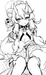  1girl blush bow breasts choker cleavage collarbone fur_trim hair_bow hair_ornament hair_tubes hairpin horns knees legs_together long_hair looking_at_viewer lowres mole mole_under_mouth monochrome nejime nijisanji o-ring off_shoulder oni_horns rindou_mikoto sketch smile solo 
