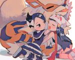  2girls arcanine bangs bare_arms beanie black_hair black_legwear blush boots bow closed_eyes closed_mouth commentary_request dawn_(pokemon) dress eyelashes gen_1_pokemon grey_eyes hair_bow hair_ornament hairclip hat hinann_bot hug kneeling long_hair looking_at_another marley_(pokemon) multiple_girls open_mouth pink_footwear pokemon pokemon_(creature) pokemon_(game) pokemon_dppt red_scarf scarf short_hair sleeveless smile socks tongue white_headwear |d 