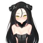  1girl android bare_shoulders black_hair blush breasts cleavage collarbone commentary detached_sleeves dreamer_(girls_frontline) forehead girls_frontline hair_between_eyes highres huomao_(akcat) long_hair looking_at_viewer medium_breasts revealing_clothes sangvis_ferri simple_background smile solo white_background yellow_eyes 