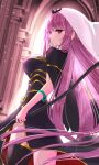  1girl bangs black_legwear blunt_bangs breasts closed_mouth commentary_request eyebrows_visible_through_hair from_behind highres holding holding_scythe hololive hololive_english inari_(ambercrown) large_breasts long_hair looking_at_viewer mori_calliope pink_hair red_eyes scythe single_thighhigh solo thighhighs veil very_long_hair virtual_youtuber 