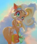  2021 4_fingers activision anthro bandicoot bent_over big_eyes bikini black_nose blonde_hair blue_sky breasts brown_eyebrows cashewshibainu cleavage clothed clothing cloud cloudscape coco_bandicoot colored countershade_face countershade_torso countershading crash_bandicoot_(series) curled_hair curvy_figure day detailed_background digital_media_(artwork) digital_painting_(artwork) ear_piercing eyebrows eyelashes eyewear female fingers food fruit fur glistening glistening_body glistening_fur goggles goggles_on_head green_eyes green_pupils hair hi_res holding_food holding_fruit holding_object iris leaning leaning_forward light lighting long_hair looking_at_viewer mammal marsupial medium_breasts multicolored_bikini multicolored_body multicolored_clothing multicolored_fur multicolored_swimwear navel open_mouth open_smile orange_body orange_ears orange_fur outside piercing pink_inner_ear pink_tongue plant portrait prick_ears pupils purple_nose shaded side-tie_bikini side_view sky smile solo standing sunlight swimwear tan_body tan_countershading tan_fur teeth three-quarter_portrait three-quarter_view tongue two_tone_body two_tone_fur video_games wumpa_fruit 
