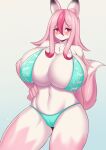  2021 anthro big_breasts bikini blush brand_new_animal breasts camel_toe canid canine clothing female fox fur hi_res huge_breasts mammal nazuna_hiwatashi pink_body pink_fur solo studio_trigger swimwear tailzkim 