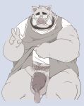  2021 anthro balls clothing condom filled_condom genitals hi_res humanoid_hands kemono male mammal overweight overweight_anthro overweight_male penis pubes sexual_barrier_device shirt simple_background solo suid suina sus_(pig) taro_heppoko topwear wearing_condom wild_boar 
