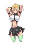  1girl absurdres alternate_breast_size angelise_ikaruga_misurugi arm_strap bangs black_gloves black_skirt blonde_hair blush breasts brown_eyes cropped_legs cross_ange eyebrows_visible_through_hair gloves hands_in_hair highres kobo_(cobo_0609) large_breasts looking_at_viewer midriff navel open_mouth short_hair skirt solo suspender_skirt suspenders sweat thighhighs white_background 