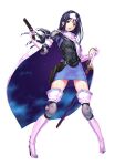  1girl :o absurdres armor ass_visible_through_thighs belt belt_pouch beth_(shin_megami_tensei_ii) black_hair blue_dress blue_eyes boots breastplate breasts capelet commentary_request cross cross_earrings dress earrings elbow_gloves elbow_pads eyebrows_visible_through_hair eyes_visible_through_hair finger_on_trigger gloves gun hand_on_hilt handgun headband high_heels highres holster jewelry knee_pads lh_2c0 long_hair open_mouth pigeon-toed pouch sheath sheathed shin_megami_tensei shin_megami_tensei_ii shoulder_armor small_breasts sword thigh_boots thighhighs upper_teeth weapon white_background 