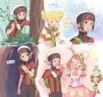  &gt;_&lt; 1girl 3boys animal_ears arrow_(symbol) backpack bag bangs barry_(pokemon) beanie blonde_hair blush bracelet brendan_(pokemon) brown_eyes brown_hair brown_pants bunny_ears burgh_(pokemon) bush choker clenched_hands closed_eyes closed_mouth commentary_request eyelashes fake_animal_ears gen_2_pokemon green_bag green_headwear green_pants green_scarf hairband hands_up hat hiding highres holding holding_stick holding_strap jacket jewelry may_(pokemon) multiple_boys musical_note on_head open_mouth pants pink_choker pink_skirt pokemon pokemon_(creature) pokemon_(game) pokemon_dppt pokemon_masters_ex pokemon_on_head pokemon_oras scarf short_hair short_sleeves skirt smile stick tailcoat togepi tongue translation_request tree turtleneck white_headwear wrist_cuffs yairo_(sik_s4) yellow_hairband zipper_pull_tab |d 