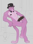  anthro balaclavacat balls black_penis bow_tie claws clothing erection foreskin genitals hat headgear headwear hi_res looking_at_viewer male muscular muscular_anthro muscular_male nipples nude pecs penis pink_panther simple_background smile solo top_hat uncut vein veiny_penis 