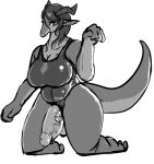  anthro balls big_breasts big_penis biped breasts clothed clothing dragon erection genitals gynomorph hair hi_res horn intersex kneeling monochrome open_mouth penis poking_out scalie simple_background slightly_chubby solo solterv swimwear thick_thighs vein white_background 