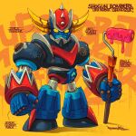  character_name chibi english_commentary english_text grendizer highres holding horns mecha muhammad_firdaus no_humans paint_roller science_fiction signature solo spikes super_robot ufo_robo_grendizer yellow_eyes 