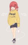  1girl :3 :d alternate_costume animal arm_at_side bangs bat_hair_ornament blue_skirt blush breasts bright_pupils clothes_writing dog eyebrows_visible_through_hair full_body gabriel_dropout grey_background hair_between_eyes hair_ornament hair_rings hand_in_pocket highres holding holding_animal hood hoodie looking_at_viewer natsu_mei_yu open_mouth oversized_clothes red_eyes red_hair satanichia_kurumizawa_mcdowell short_hair simple_background skirt sleeves_past_fingers sleeves_past_wrists small_breasts smile solo standing v-shaped_eyebrows white_pupils yellow_hoodie 