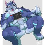  absurd_res anthro balls blue_body blue_fur blush canid canine canis erection fur gaming genitals hi_res humanoid_genitalia humanoid_penis long_tongue male mammal muscular muscular_anthro muscular_male nintendo nintendo_switch nude penis perineum playing_videogame solo tindalos_(tas) tokyo_afterschool_summoners tongue v2wolf vein veiny_penis video_games wolf 