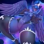  anthro anthrofied blue_body blue_feathers breasts crown equid equine feathers female friendship_is_magic genitals hi_res horn jewelry kairaanix mammal my_little_pony necklace nipples princess_luna_(mlp) pussy solo tongue tongue_out wide_hips winged_unicorn wings 