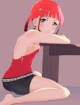  1girl absurdres armpits asukagawa_chise bare_legs bare_shoulders barefoot belt blue_eyes braid commentary_request highres looking_at_viewer miniskirt mole mole_under_mouth red_hair sitting skirt sleeveless solo ssss.dynazenon table tetori_(tetolisto) twin_braids wariza 