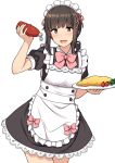  1girl alternate_costume apron black_dress black_hair bow bowtie commentary_request dress enmaided frilled_dress frills fubuki_(kancolle) green_eyes highres kantai_collection ketchup ketchup_bottle long_hair low_ponytail maid maid_headdress nakamura_sumikage omelet pink_neckwear ponytail short_ponytail sidelocks solo squeeze_bottle waitress white_apron 