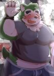  2021 anthro blush bulge canid canine canis clothing domestic_dog eyes_closed fur green_body green_fur hi_res kemono live-a-hero male mammal mokdai morosuhe navel overweight overweight_anthro overweight_male shirt solo topwear underwear video_games 