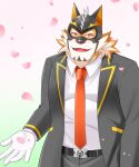  anthro cherry_blossom clothing dress_shirt felid gloves handwear hi_res kotorran live-a-hero male mammal mask necktie pantherine plant ryekie_(live-a-hero) shirt solo suit superhero tiger topwear 