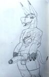  2021 anthro balls bottomwear clothed clothing erection genitals hi_res looking_at_viewer male monochrome partially_clothed penis presenting shorts shorts_down sketch solo space_dog zwitterkitsune zwitterkitsune_(character) 