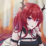  1girl arknights armband bangs bare_shoulders black_dress breasts cleavage commentary dress hair_between_eyes hair_intakes hand_up horns infection_monitor_(arknights) long_hair nemu_(nemurumask) parted_lips purple_eyes red_hair sleeveless sleeveless_dress solo surtr_(arknights) upper_body 