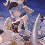  1girl animal_print blue_hair bottle bow breasts cow_hat cow_print cow_tail detached_sleeves draph granblue_fantasy highres large_breasts long_hair milk_bottle shatola_(granblue_fantasy) short_shorts shorts tail tail_bow tail_ornament thighhighs tukune 