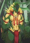  absurd_res anthro bottomwear claws clothed clothing digital_media_(artwork) feathers gem hi_res jewelry jungle lizard loincloth male muscular muscular_anthro muscular_male partially_clothed reptile scalie simple_background skaereth solo xeno1805 