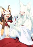  2girls animal_ears animal_nose blue_eyes blush body_fur breasts commentary_request cup drunk fangs fox_ears fox_mask furry hakama highres holding holding_cup huge_breasts japanese_clothes kimono kishibe looking_at_another mask miko multiple_girls off-shoulder_kimono one_eye_closed open_mouth original red_hakama sitting snout tongue tongue_out white_fur 