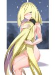  1girl ass bangs blonde_hair blush breasts closed_mouth commentary_request green_eyes hair_over_one_eye hair_tie holding holding_hair invisible_chair knees kohsaka_jun legs_together long_hair looking_at_viewer lusamine_(pokemon) night nude outline pokemon pokemon_(game) pokemon_sm shiny shiny_skin sitting sky smile solo sparkle tied_hair very_long_hair window 