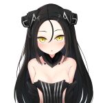  1girl android bare_shoulders black_hair blush breasts cleavage collarbone commentary detached_sleeves dreamer_(girls_frontline) forehead girls_frontline hair_between_eyes highres huomao_(akcat) looking_at_viewer medium_breasts revealing_clothes sangvis_ferri simple_background solo white_background yellow_eyes 