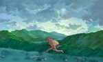  2016 5:3 ambiguous_gender anthro barefoot biped cloud crossover day detailed_background duo equid equine feet grass hi_res horse human keisuke_(morenatsu) mammal morenatsu mountain nude outside painting_(artwork) plant rock shirako sky traditional_media_(artwork) video_games visual_novel watercolor_(artwork) 